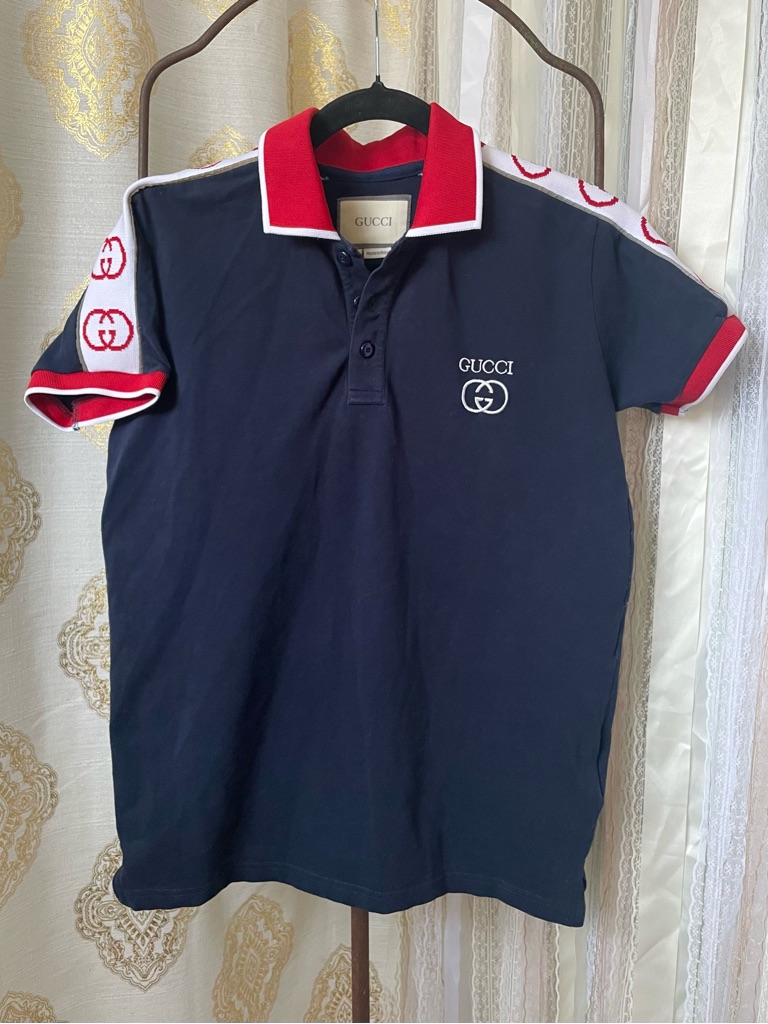 Authentic Gucci Navy Polo With Red Double G Stripe & Stitched Emblem